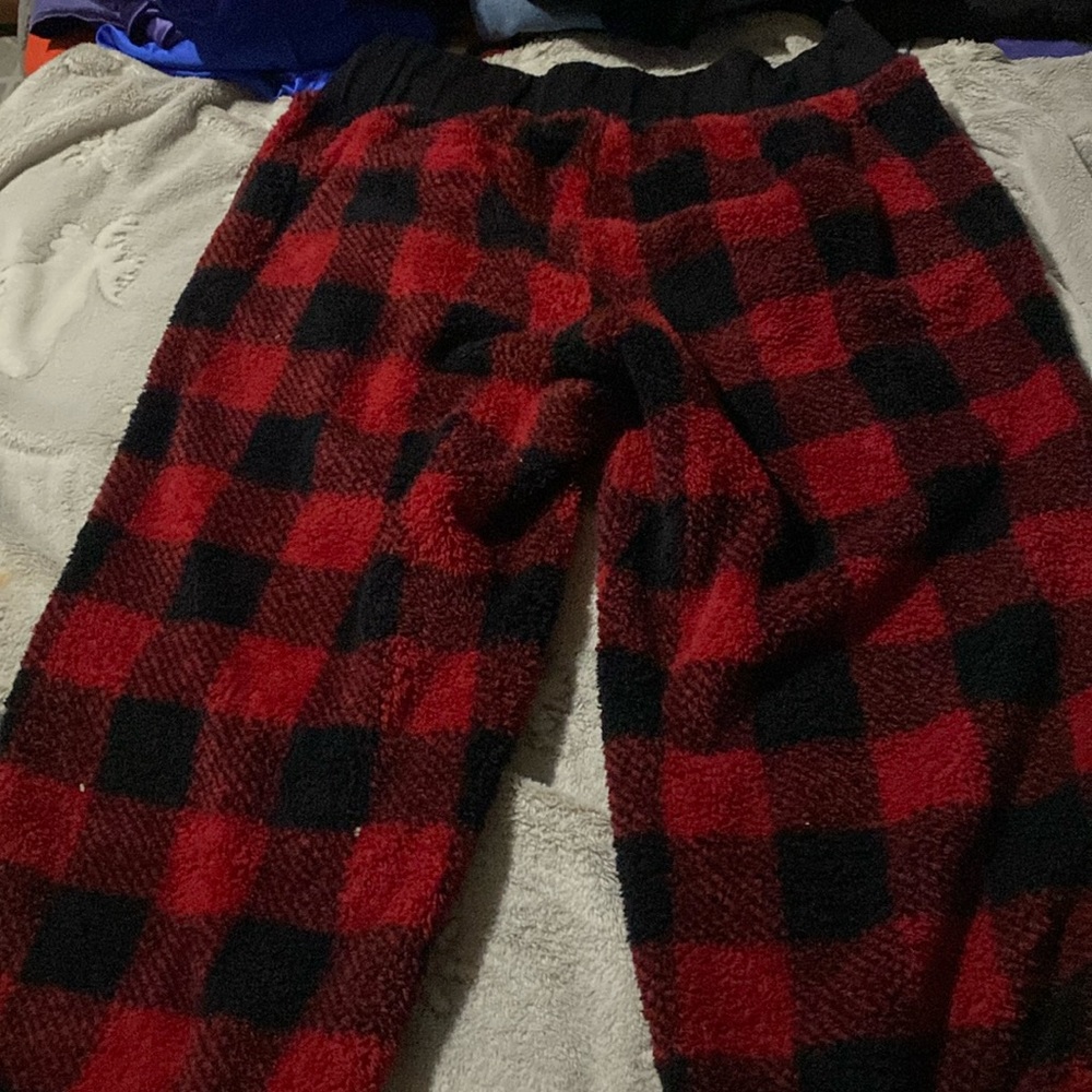 Fluffy red and black pajama pants